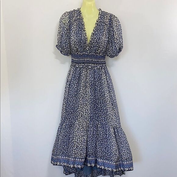 Ulla Johnson Navy Blue Ruffled Tiered Dress with Puff Sleeves - Picture 1 of 6